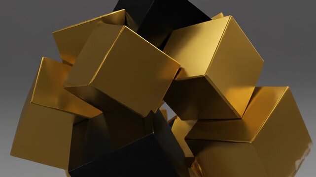 A geometric abstract composition featuring overlapping gold and black cubes