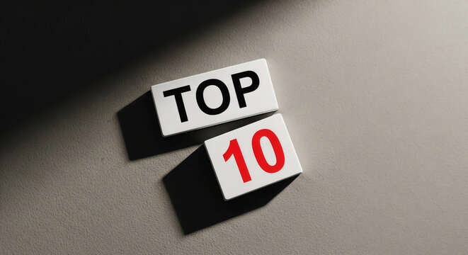 Bold 'TOP 10' text on white blocks, with strong black and red letters, symbolizing best choices, important rankings, and achievements against a textured grey background with dramatic shadows. - Powered by Adobe