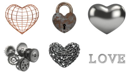 Metallic and Textured Heart Shapes with Love Text Isolated on White Background