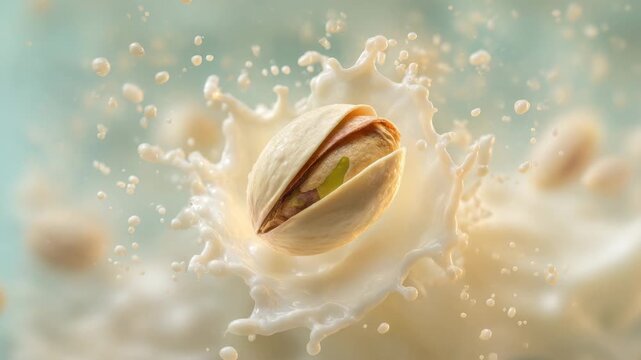 Creamy pistachio nut splashing into milk creating dynamic splash motion soft bokeh fresh food texture and appetizing mood pistachio milk splash closeup creamy plant based nut kernel dairy alternative