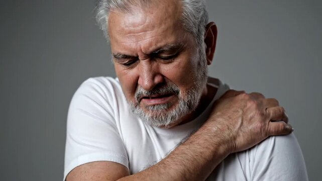 Elderly man experiencing shoulder pain, grimacing in discomfort, set against a neutral background, highlighting the emotional impact of physical ailments on daily life