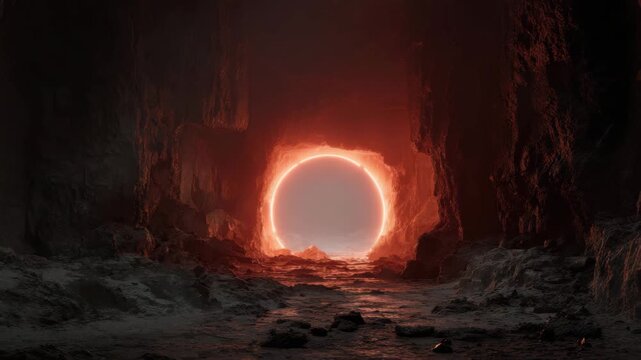 Glowing circular portal cave interior lava glow rocky passage volcanic cavern underground tunnel dramatic lighting surreal landscape glowing rim heat haze cinematic mysterious atmosphere molten light