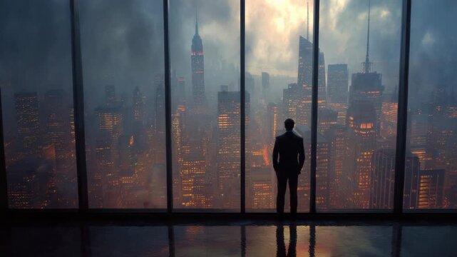 Man standing in suit silhouette by floor to ceiling window overlooking rainy city skyline at dusk with warm skyscraper lights reflecting solitude, contemplative mood and hopeful ambition