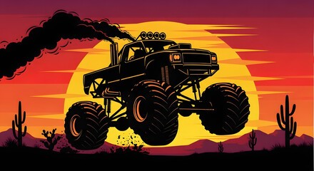 Fototapeta premium Action silhouette of a monster truck jumping