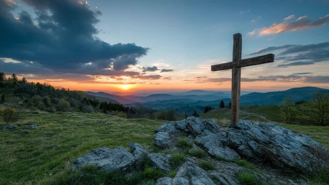 Sunset mountain landscape with wooden cross on rocky hill overlooking layered blue ridges and colorful sky horizon, sunrise over rolling mountain ridge with warm light, rock grass cloud landscape