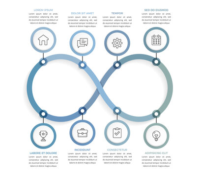 Infinity shaped process diagram with connected circular steps and thin line icons, showing continuous workflow and cycle, infographic template