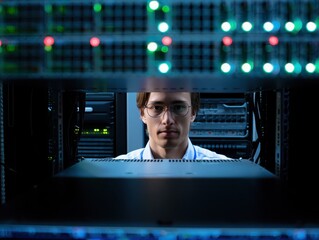 IT Technician Inspecting Server Racks