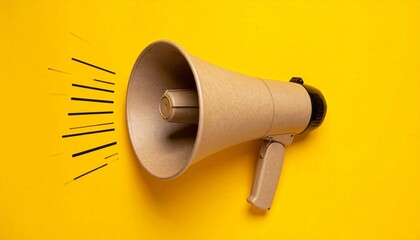 Cardboard megaphone on yellow background with sound lines
