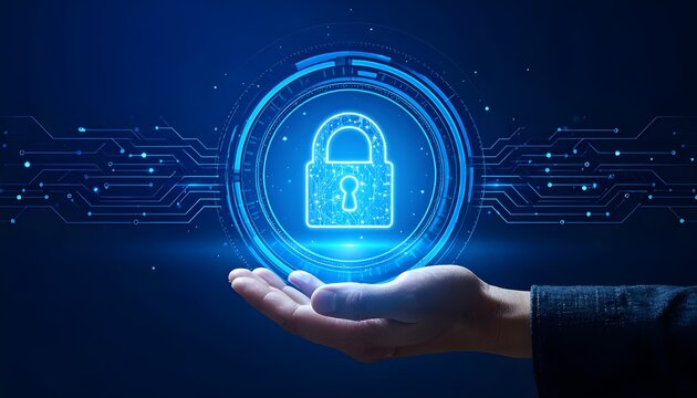 Hand holding glowing digital padlock icon, cyber security and data protection concept, blue futuristic background - Powered by Adobe