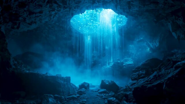 Underground cave chamber illuminated by blue light beams falling through ceiling opening