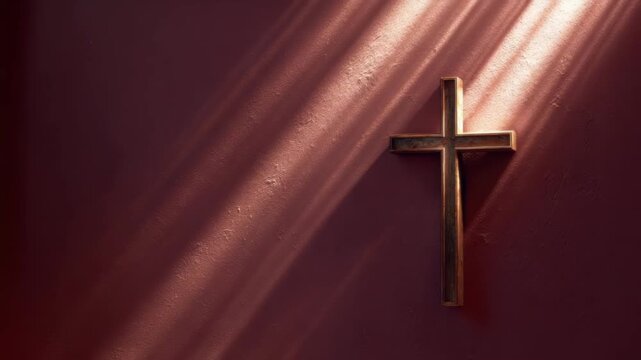 Golden wooden cross on textured maroon red wall with diagonal sunlight rays and shadow creating serene contemplative religious symbol of Christianity, gold texture and warm dramatic rays