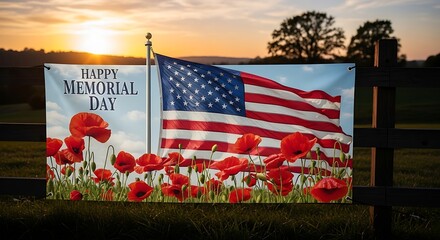 Happy memorial day tribute with american flag and poppies at sunset