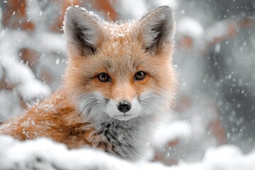 Fototapeta premium Cute fox baby playing in winter snow landscape with soft snowfall and serene atmosphere during a cold season