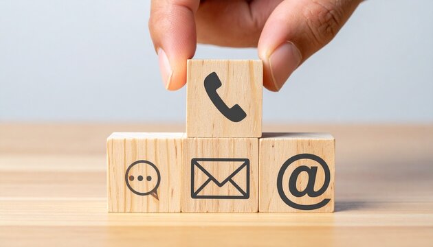 Communication icons on wooden blocks with hand