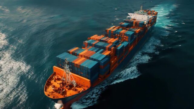 Large orange and blue container ship loaded with stacked cargo containers crossing deep blue ocean sunlight with dynamic wake conveying global maritime transport, freight shipping vessel and sea