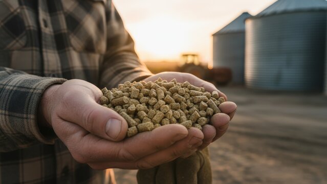 Farmer Holding Animal Feed Pellets on a Farm, Representing Agriculture and Livestock Production