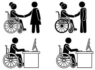  Disability inclusion and accessibility icon set, wheelchair users working and greeting.