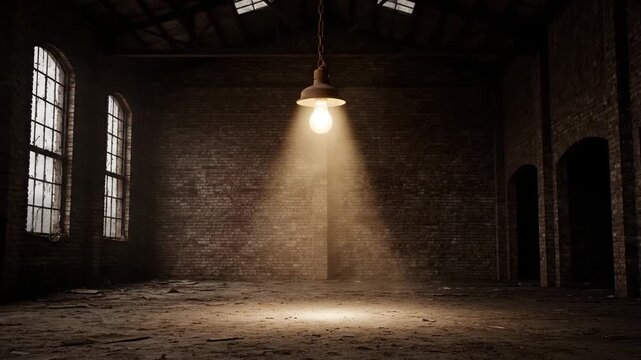 A dimly lit, derelict space with a single hanging lightbulb