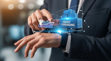 Businessman Interacting With Futuristic Freight Forwarding Hologram on Smartwatch.