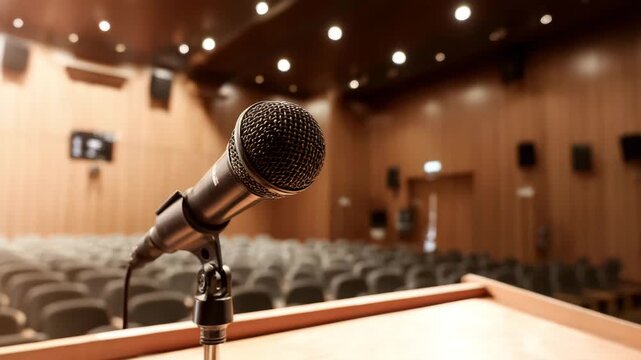Microphone stage public speaking conference auditorium speaker presentation podium audience focused anticipation. conference microphone podium empty auditorium ready for presentation with warm
