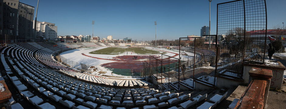 Panorama of the Dinamo Stadium in the demolition stage before the construction of a new stadium.