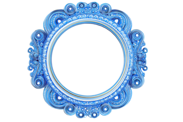 Ornate blue oval mirror frame isolated on transparent background. Ornate blue baroque oval frame intricate design pattern isolated on white background.