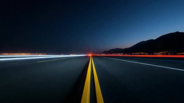Long straight runway centerline night with glowing yellow stripe leading toward distant lights and mountain silhouette deep twilight sky conveying motion and calm. long exposure highway dusk with