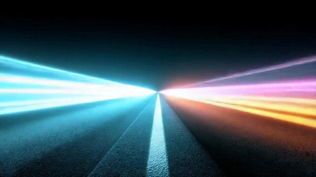 Neon light beams converge along dark asphalt road night creating vibrant blue, pink motion lines and dramatic depth. neon light streak horizon vanishing point road stripe motion blur futuristic scene