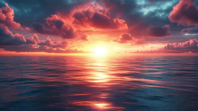 Crimson Horizon: The sun dips below the horizon, painting the sky with fiery hues and casting a radiant glow across the tranquil ocean waters. 
