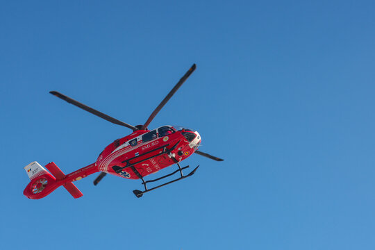 SMURD helicopter taking off from the Dinamo Stadium after delivering a patient to an ambulance.