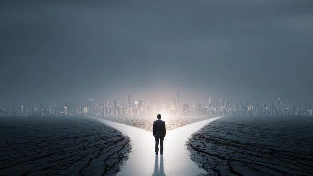 Lonely businessman man standing at forked path and crossroads toward distant illuminated city skyline, contemplative silhouette facing decision dilemma on cracked reflective road under moody dusk sky