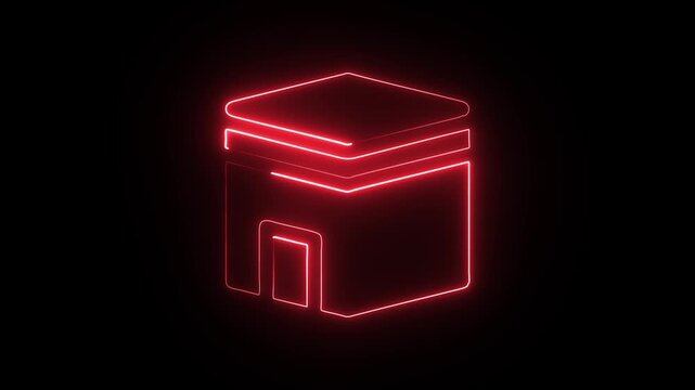 Kaaba illustration in bright red neon light, symbolizing islamic faith and spirituality, with a simple black background that highlights its significance during hajj and umrah pilgrimages for muslims w