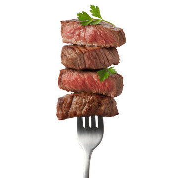 Stacked steak slices on a fork with parsley meat cooked isolated on a transparent background