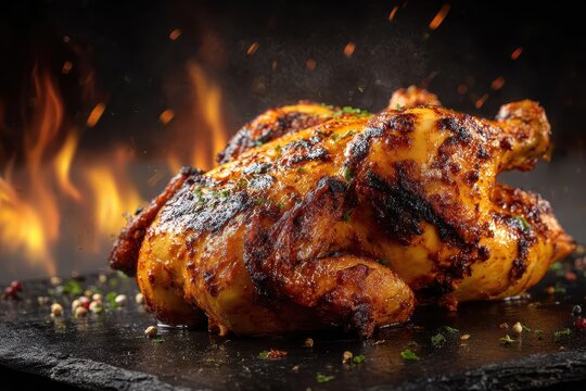 Grilled peri peri chicken resting on a black stone surface with flames in the background creating a vibrant, appetizing atmosphere for a lunch or dinner setting