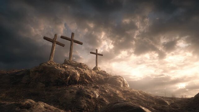 Three wooden crosses rocky hill with weathered wooden cross detail dramatic sunrise to sunset sky cloud filled landscape of rock and wooden cross, dramatic light, solitude, solemn reflection and hope