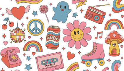 Cute retro doodle elements collection set peace love rainbow music stickers cartoon flat vector illustration isolated © MdAbuSayed