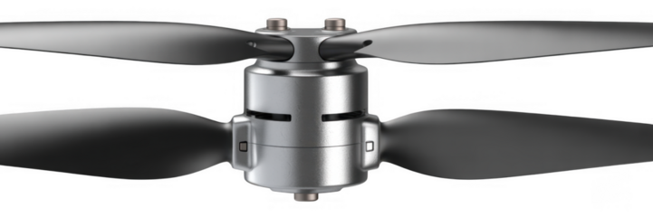 Close-up of a silver drone with four gray propellers isolated on a transparent background