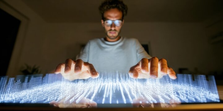 Professional businessman using digital tablet with glowing holographic data interface in a dark office setting for marketing analysis and futuristic technology concept - Powered by Adobe
