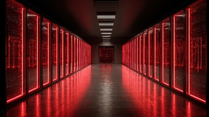 Fototapeta premium Futuristic Data Center with Red Neon Lights and Server Racks in a Dark Corridor Ideal for Technology and Cybersecurity Themes
