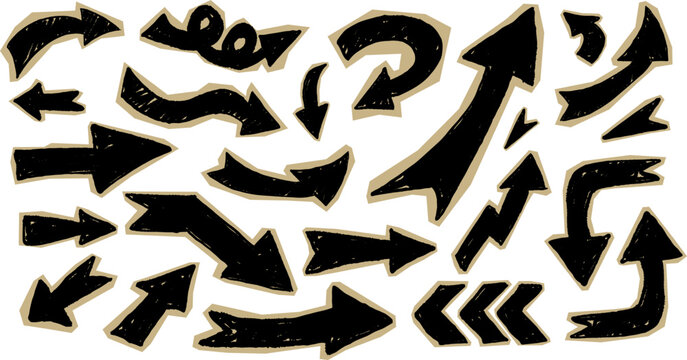 Hand drawn sketch arrow directional set in crayon scrapbook style with rough textured strokes. Perfect for infographic, navigation, poster, sticker, and creative design projects