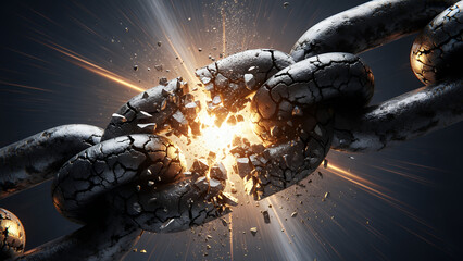 Heavy industrial chain detonation with exploding central link and shockwave distortion captured in a close-up view