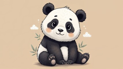 Obraz premium Cute cartoon panda bear holding bamboo and smiling in a fun vector illustration for kids and wildlife themes