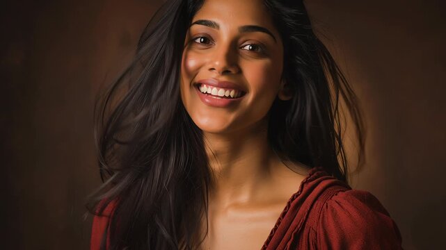 A woman with long dark hair and a red dress is smiling. a warm and inviting mood. Indian woman half body portrait, controlled studio lighting, smooth background, confident and approachable mood
