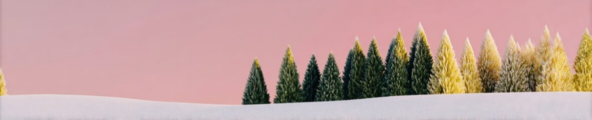 Obraz premium Snowy Evergreen Forest Background with Misty Pink Sky and Sage Moss Pine Trees standing in Winter Mountain Region for Travel and Seasonal Greeting Card Design