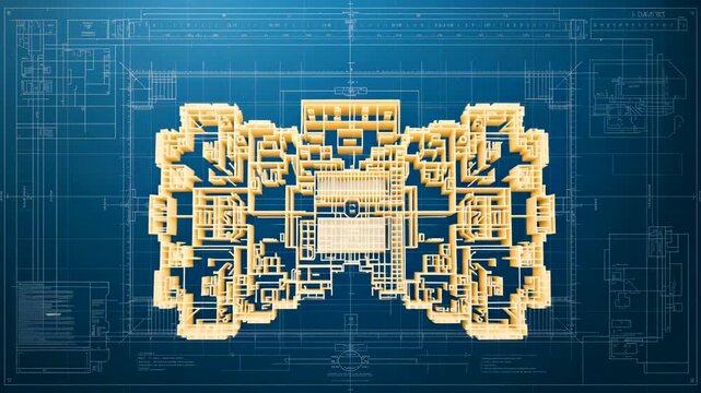 Yellow mechanical blueprint diagram displayed on blue technical grid background
