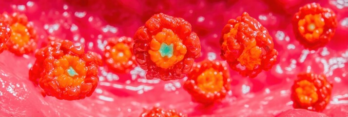 Microscopic coronavirus cells floating in biological simulation for medical research, vibrant cherry red and rosewood pandemic visualization for healthcare blogs
