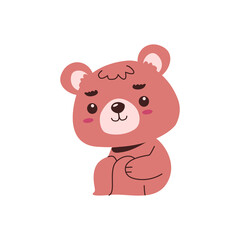 Cartoon illustration depicts a shy, sitting teddy animal character with pinkish-brown fur peeking from the corner