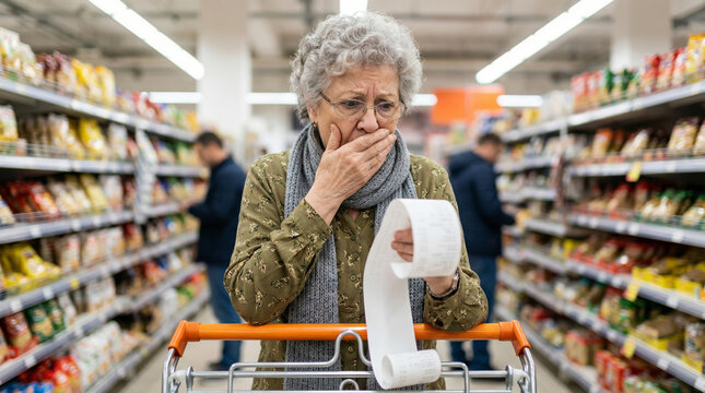 Inflation grocery cost shock as senior checks receipt in aisle