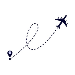 Airplane travels along a curved, dashed path starting from a location pin icon