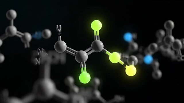 Abstract 3D animation of molecular structure transformation. Atoms change colors, representing chemical reactions.